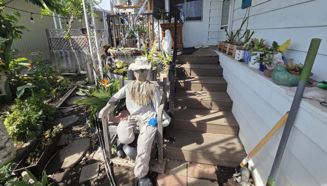 A scarecrow sitting in a wooden armchair next to outdoor porch steps surrounded by potted plants.