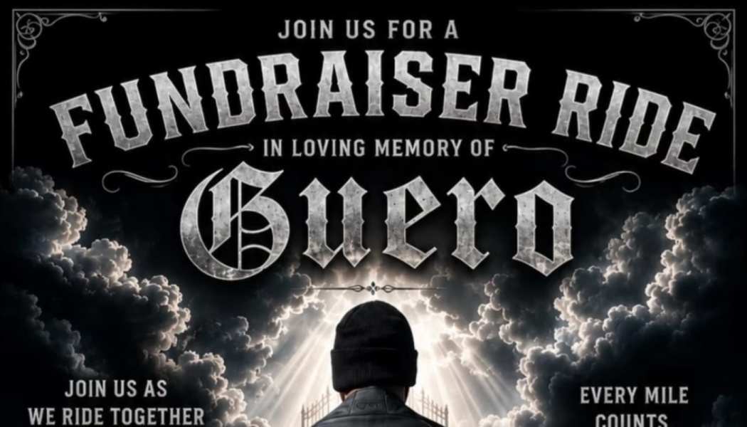 Poster for "Fundraiser Ride in Loving Memory of Guero" showing a person facing glowing light through dramatic clouds.