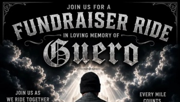 Poster for "Fundraiser Ride in Loving Memory of Guero" showing a person facing glowing light through dramatic clouds.