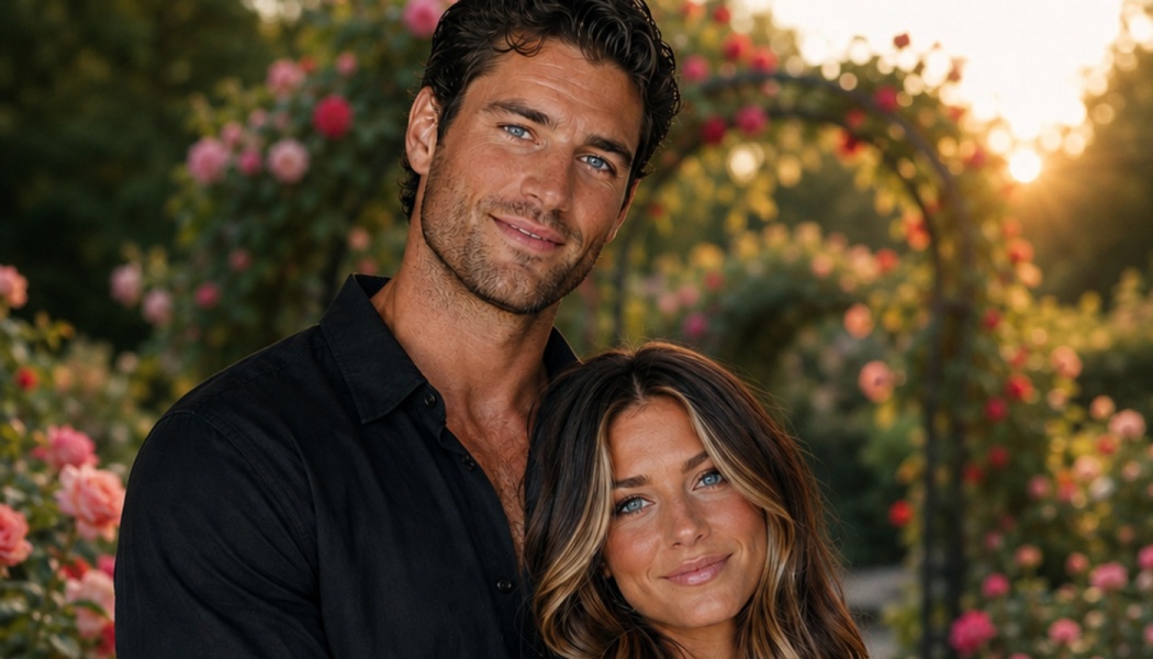 A smiling man and woman pose closely in a blooming rose garden at sunset.