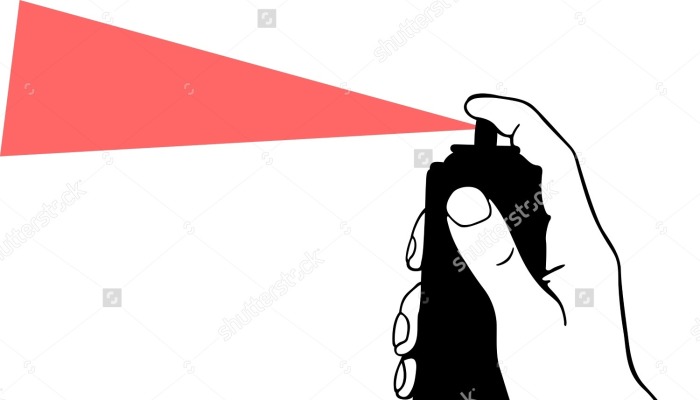 Illustration of a hand pressing a black spray can, releasing a wide red cone of spray.