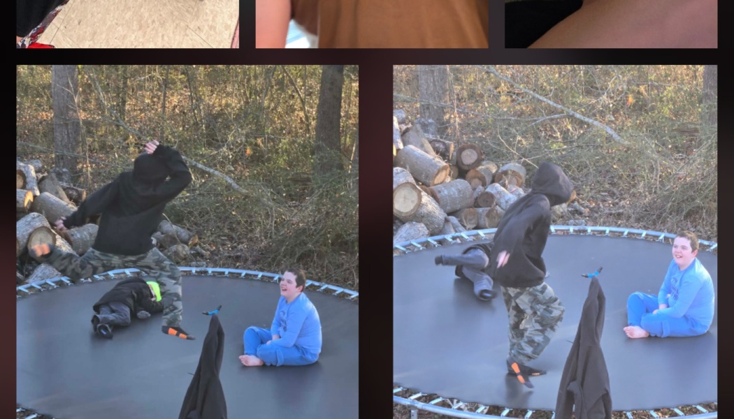 Side-by-side view of kids jumping and laughing on an outdoor trampoline in a backyard.