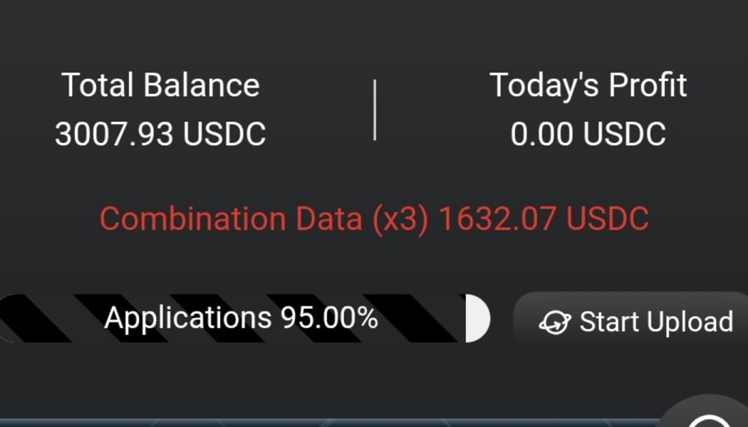 Dashboard displaying Total Balance 3007.93 USDC, Combination Data 1632.07 USDC, and 95% Applications progress.