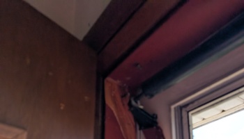 Damaged wall corner and door frame showing splintered wood, peeling paint, and exposed interior trim.