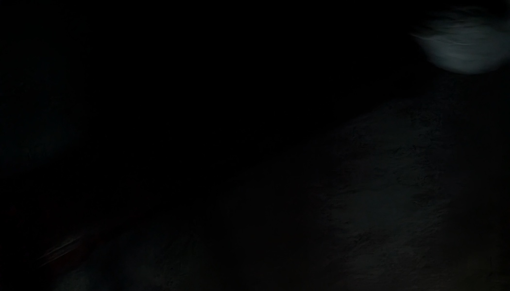 Pitch-black scene with subtle dark textures and a faint white blur in the upper right corner.