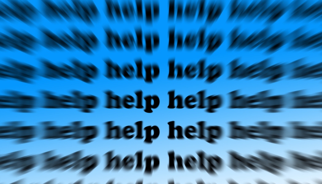 The word "help" repeated across a bright blue background with an urgent radial zoom blur effect.