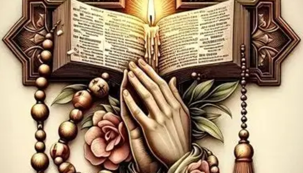 Praying hands before an open Bible lit by a candle, with prayer beads, roses, and an ornate wooden cross.