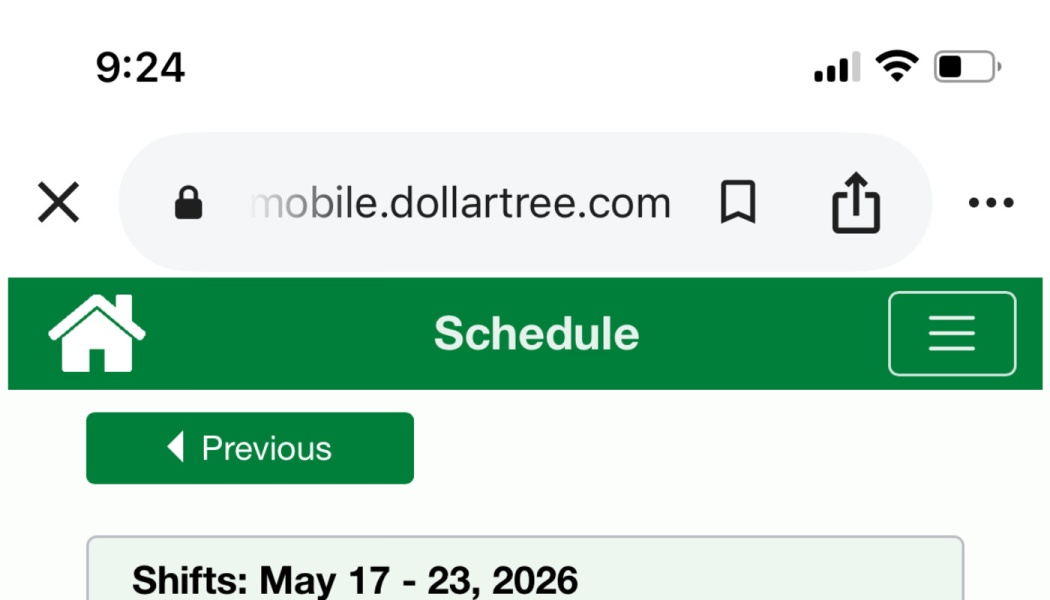 Dollar Tree mobile web page displaying a work schedule for May 17 to 23, 2026.