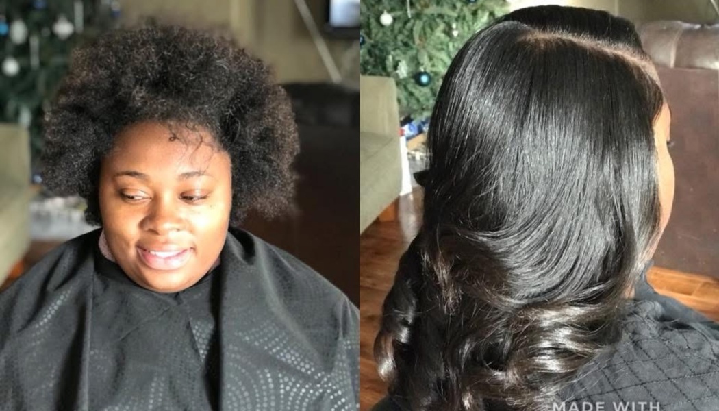 Before-and-after of a hair transformation from a natural afro to a sleek, glossy style with soft loose waves.