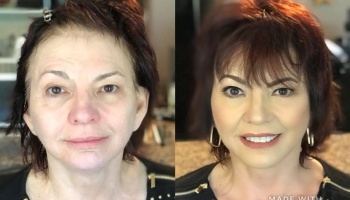 Side-by-side comparison of a woman before and after a hair and makeup makeover.