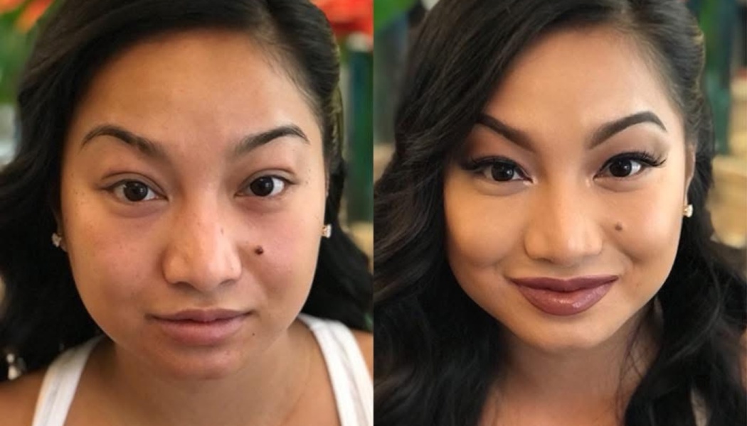 Side-by-side before and after comparison of a woman without makeup and with full glam makeup.