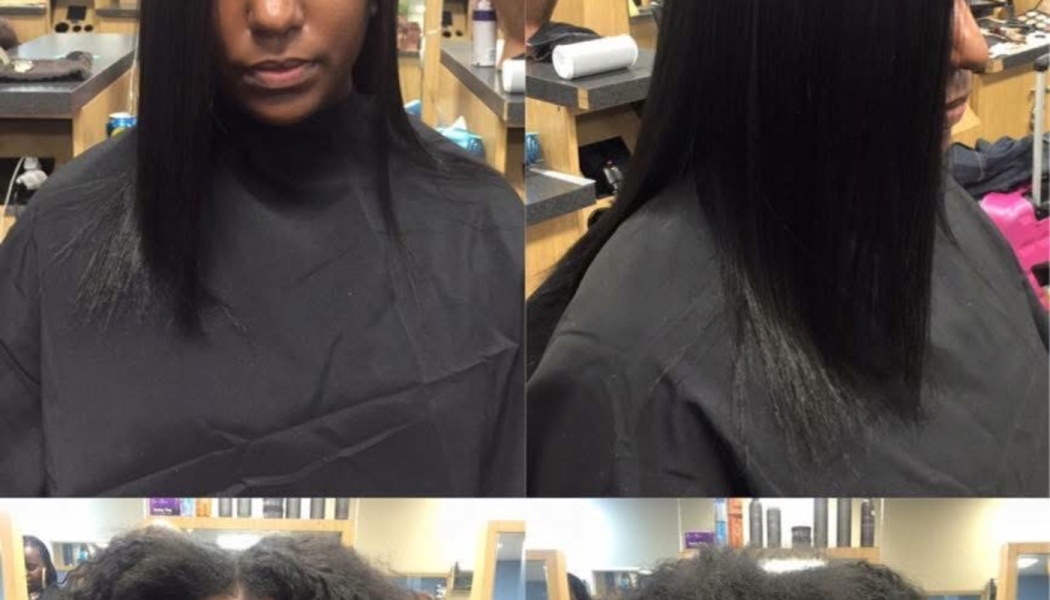 Split view showing hair transformation from natural textured hair to a sleek, straight black bob at a salon.