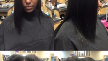 Split view showing hair transformation from natural textured hair to a sleek, straight black bob at a salon.