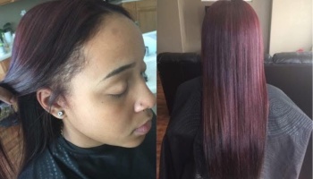Side and back views of a woman with long, straight, dark burgundy-dyed hair.