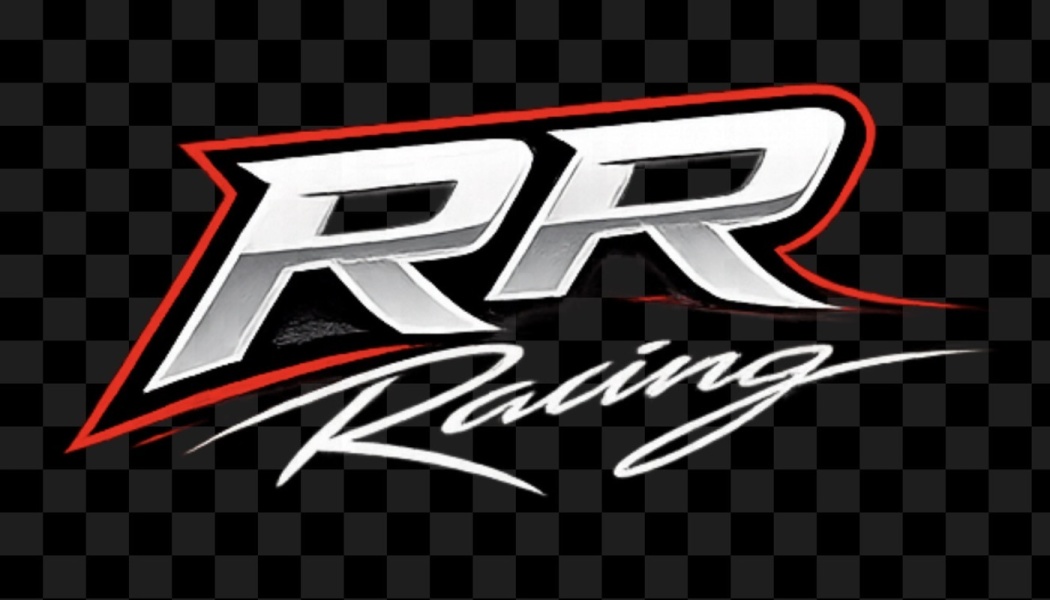 RR Racing logo featuring metallic silver letters outlined in red above white cursive text reading Racing.