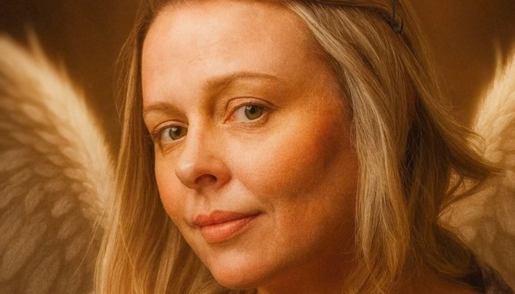 Close-up portrait of a blonde woman with soft angel wings glowing behind her in warm light.