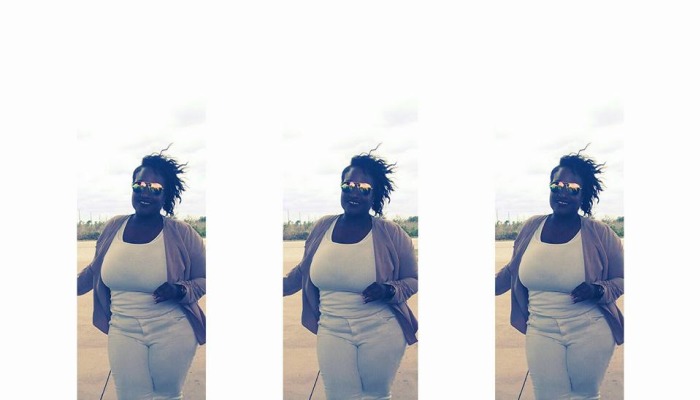 A smiling Black woman in sunglasses and neutral clothing standing outdoors, repeated three times side by side.