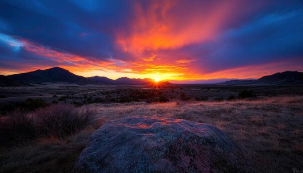 Vibrant orange and purple sunset over distant mountains and a grassy plain with a large rock in the foreground.