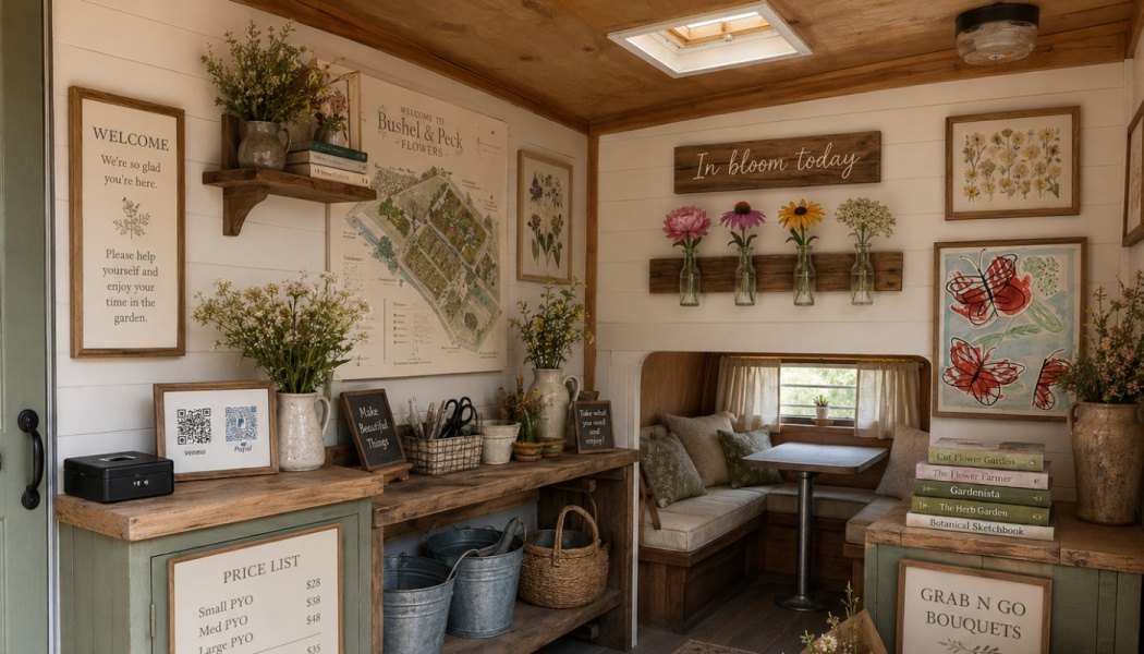 Rustic mobile flower shop interior with flower displays, price signs, wooden counters, and a cozy seating nook.