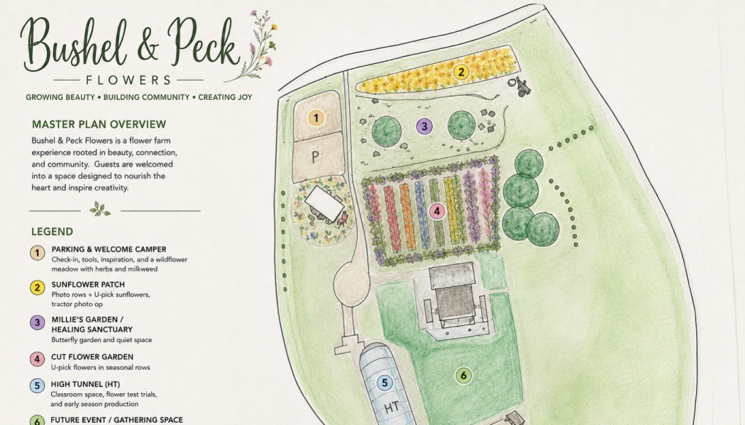 Master plan overview map for Bushel & Peck Flowers showing the farm layout, flower gardens, and numbered legend.