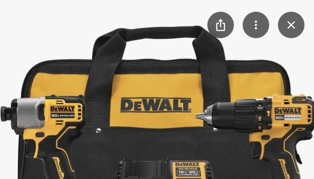 DeWalt 20V cordless drill and impact driver combo kit with charger and yellow tool bag.