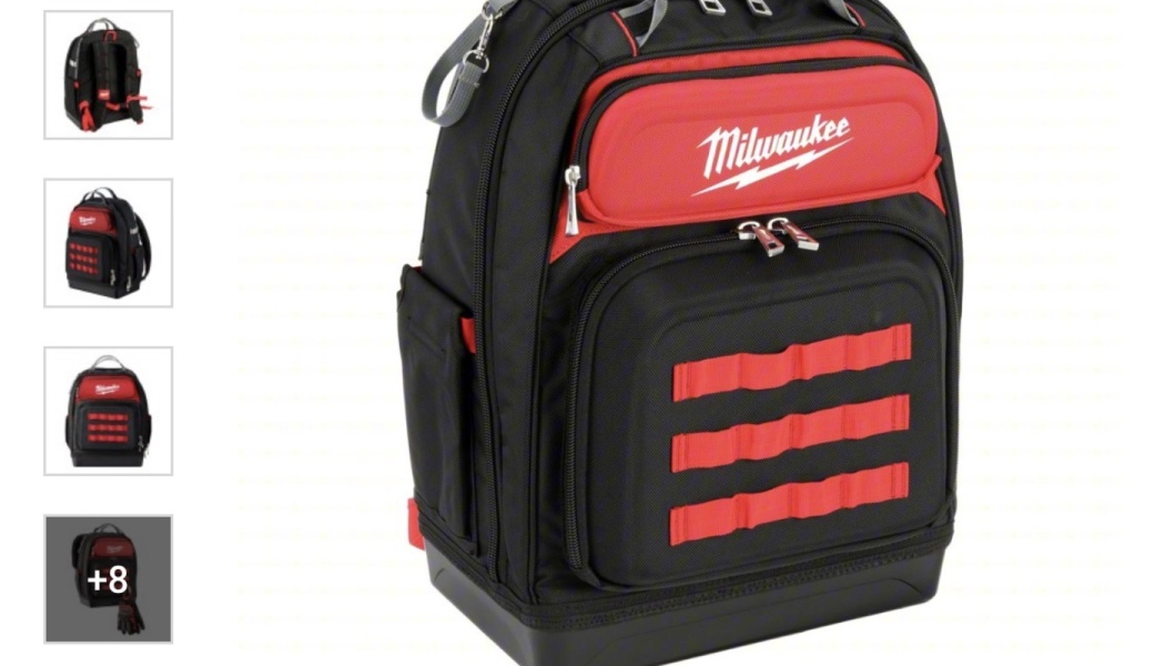 Black and red Milwaukee tool backpack with multiple zippered pockets and red webbing straps on the front.