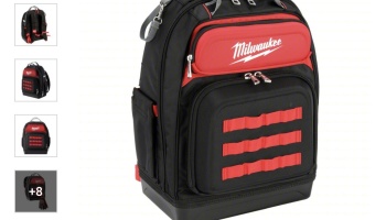 Black and red Milwaukee tool backpack with multiple zippered pockets and red webbing straps on the front.