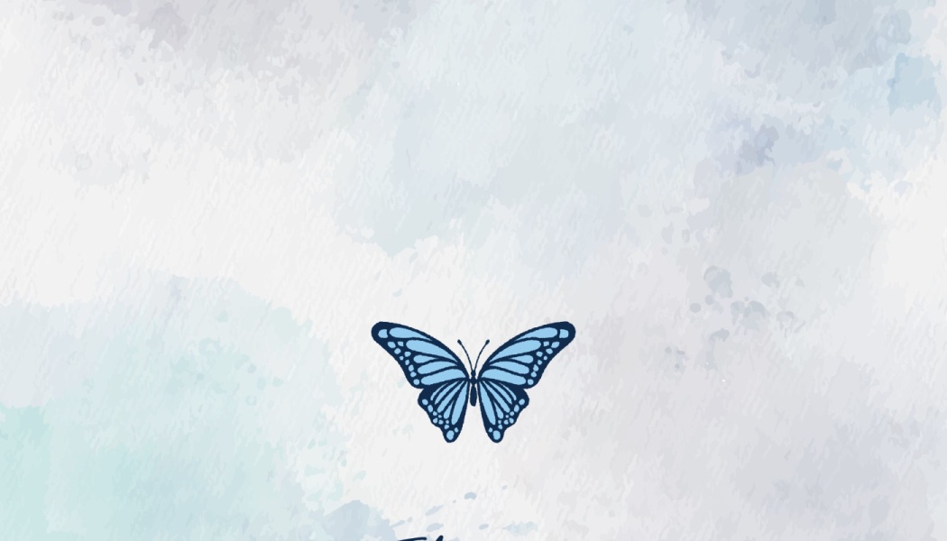 A light blue butterfly with dark blue patterns centered on a soft pastel watercolor background.
