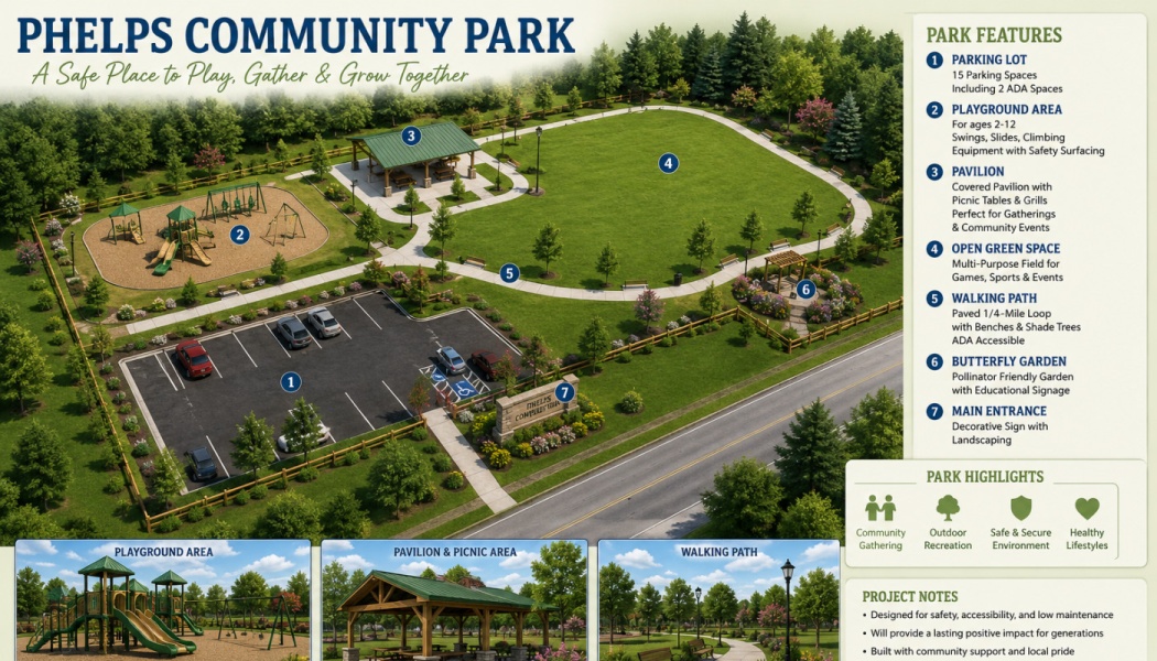 Concept map of Phelps Community Park showing a playground, pavilion, open green space, walking path, and parking lot.