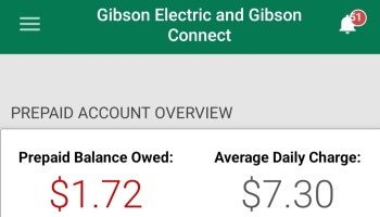 Gibson Electric account overview showing a prepaid balance owed of $1.72 and an average daily charge of $7.30.