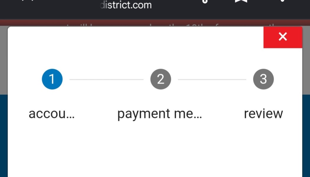 Three-step checkout progress bar with Step 1 highlighted: Account, Payment Method, and Review.