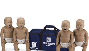 Four infant CPR training manikins arranged around a blue CPR-Savers carrying bag.