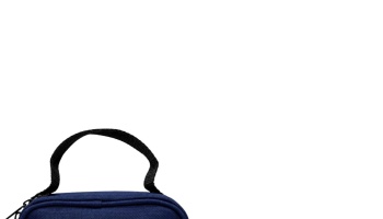 Navy blue fabric pouch with a black strap handle on a plain white background.