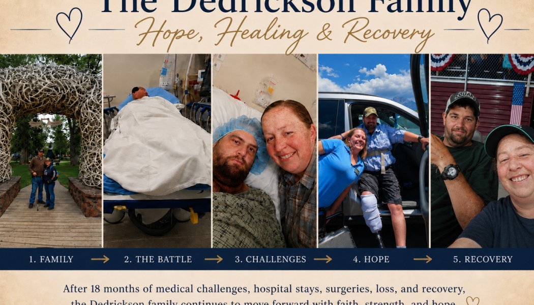 Collage titled "The Dedrickson Family: Hope, Healing & Recovery" showing a couple's medical journey in five stages.
