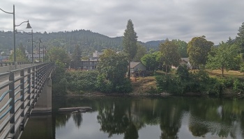 Bridge railing overlooking a calm river reflecting lush trees and houses, with forested hills in the background.