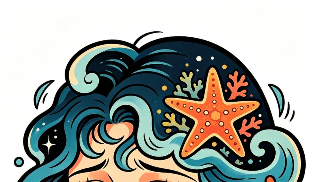 Stylized illustration of wavy ocean-blue hair adorned with an orange starfish and colorful coral.