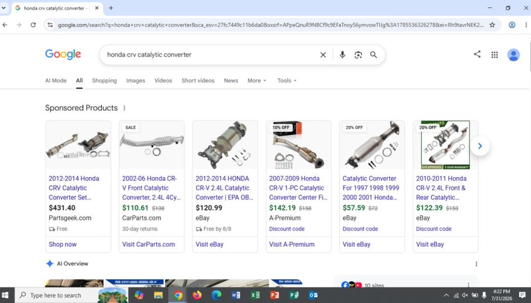 Google Search page displaying sponsored shopping results for Honda CR-V catalytic converters.