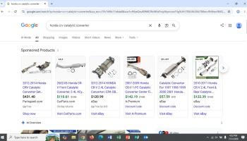 Google Search page displaying sponsored shopping results for Honda CR-V catalytic converters.