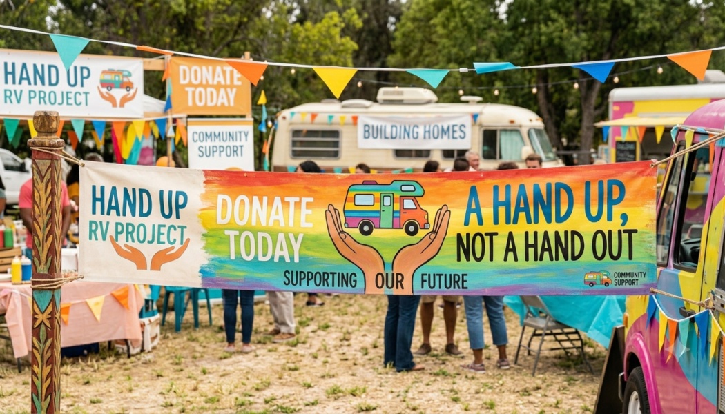 Rainbow banner reading 'Hand Up RV Project: Donate Today - A Hand Up, Not A Hand Out' at an outdoor fundraiser.