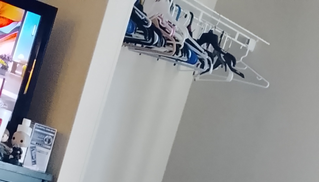 Assorted plastic clothes hangers hanging on a white closet rack next to a TV.