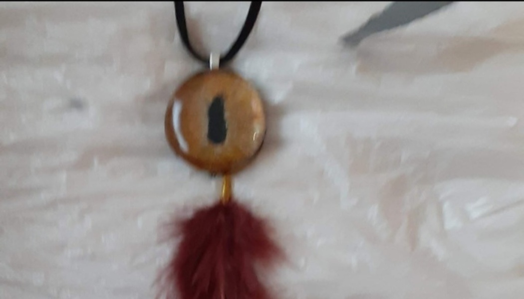 Handmade necklace with an amber eye pendant and a burgundy feather tassel on a black cord.