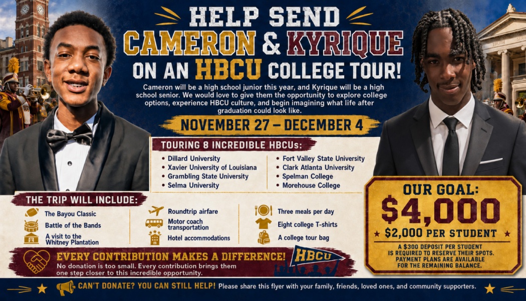 Fundraising flyer featuring students Cameron and Kyrique in suits, asking for $4,000 to send them on an HBCU tour.
