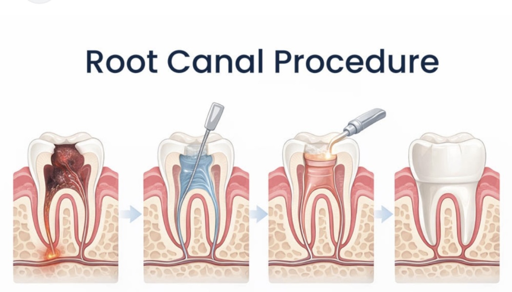 Diagram showing the four steps of a root canal procedure, from infection to restoration.