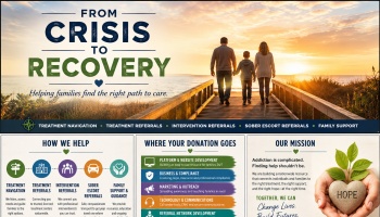 Infographic titled "From Crisis to Recovery" detailing addiction treatment services, donation impact, and organizational mission.