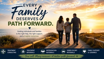 A family walks along a boardwalk at sunset beside text reading "Every Family Deserves Path Forward."