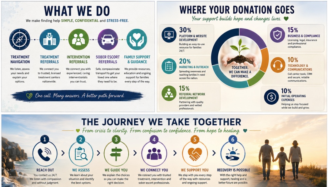 Infographics outlining services offered, a donation breakdown pie chart, and a 6-step journey to recovery.