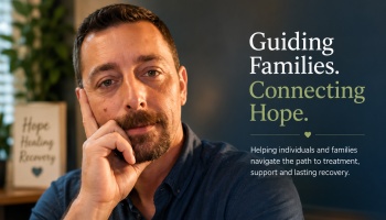 Man resting his chin on his hand beside text reading "Guiding Families. Connecting Hope."
