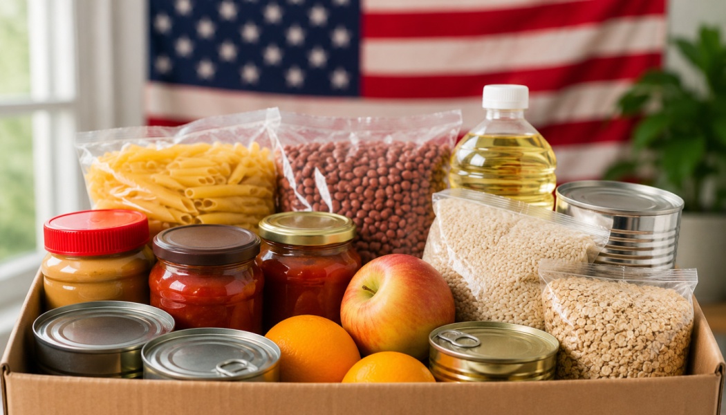 Cardboard box filled with food donations, including canned goods, pasta, fruit, and oil, in front of a US flag.