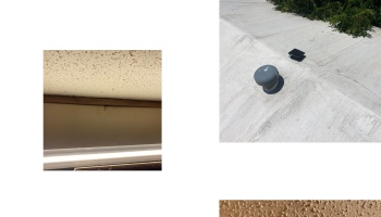 Collage showing acoustic ceiling tiles, a flat concrete roof with a vent cap, and a textured tan wall surface.