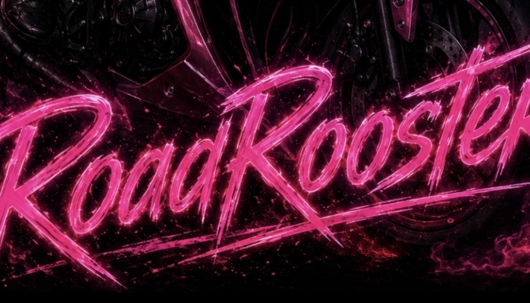 Glowing bright pink neon text reading "RoadRooster" over a dark motorcycle engine and front wheel.
